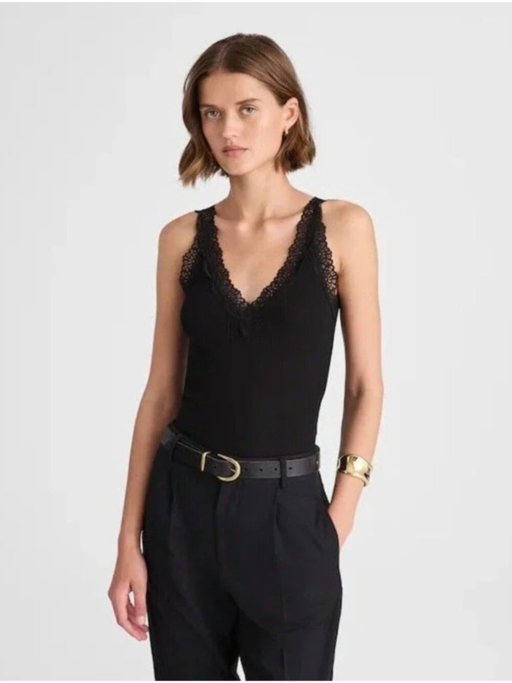 NWT Madewell Lace-Trim Ribbed V-Neck Tank Top Black Sz XS